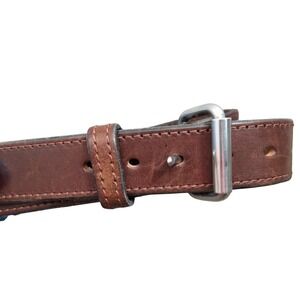 Mens Brown Leather Belt Size 42 Silver Roller Buckle Casual Workwear Stitched